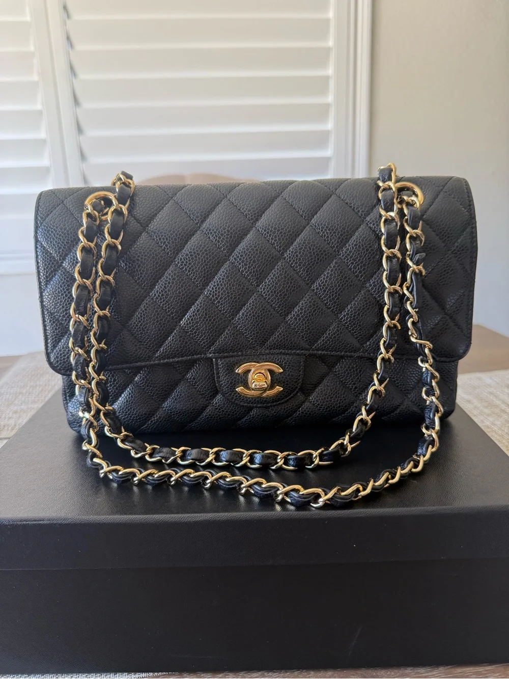 CHANEL Black Quilted Medium Caviar Shoulder Bag with Gold CC Hardware